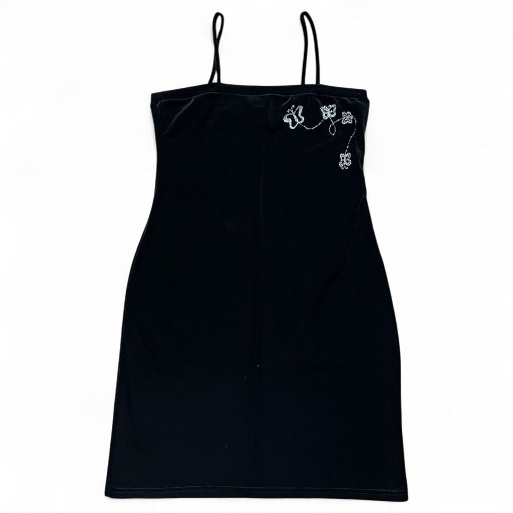 NWT 90s Goth Black Velvet Butterfly Mini Dress Glitter Detail Women’s Large USA